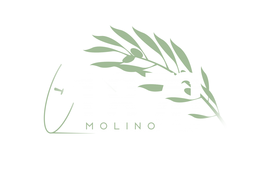 Logotipo de Molino 1870 con letras blancas, rama de olivo y molino antiguo en verde y fondo transparente